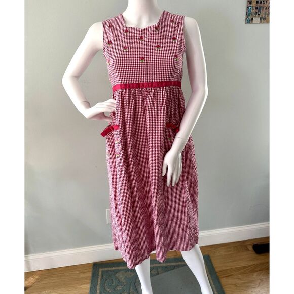 Vintage Pink Gingham Tulip Cottagecore Dress Sleeveless Midi Bow Pockets JR S - Picture 1 of 7